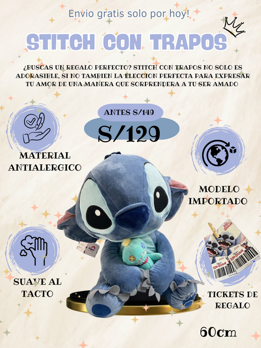 STITCH CON TRAPOS 60 CM + TICKETS DE AMOR💙😍
